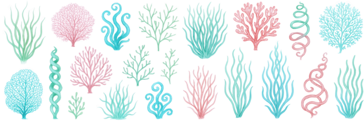 A vibrant collection of illustrated corals in shades of blue, pink, and green.