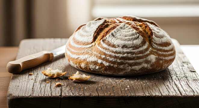Golden crusted sourdough loaf with dusted flour patterns, paired with a rustic wooden cutting board and a knife, invoking a sense of traditional baking and culinary artistry ready to be savored