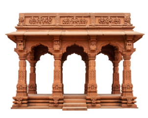 Red stone Indian arch with pillars and detailed carvings, traditional ancient temple entrance.