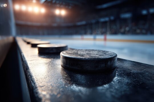 Hockey pucks positioned along the boards create a dynamic atmosphere in an ice rink during a competitive game setting in the evening