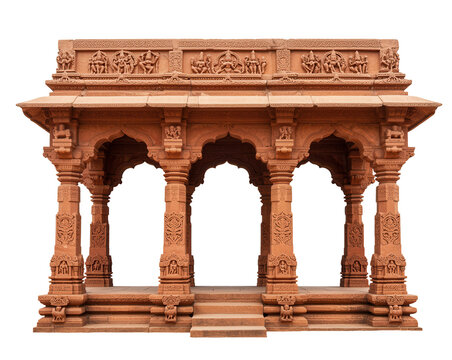 Red stone Indian arch with pillars and detailed carvings, traditional ancient temple entrance.