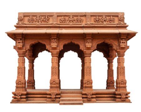 Red stone Indian arch with pillars and detailed carvings, traditional ancient temple entrance.