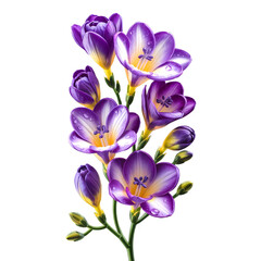 Exquisite watercolor painting of a beautiful freesia floral arrangement with water droplets