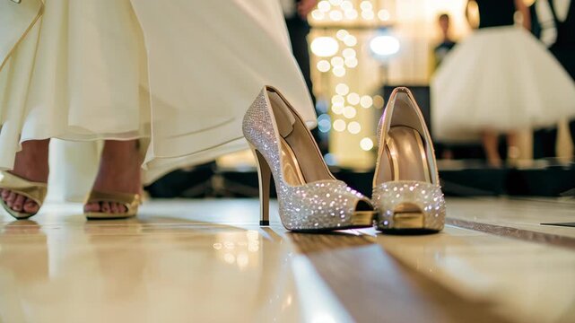 Romantic wedding celebration featuring elegant cake concept. The focus is on sparkling high heels against a blurred background of celebration.