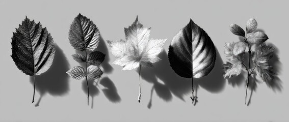 Black and white illustration of various leaves with strong shadows