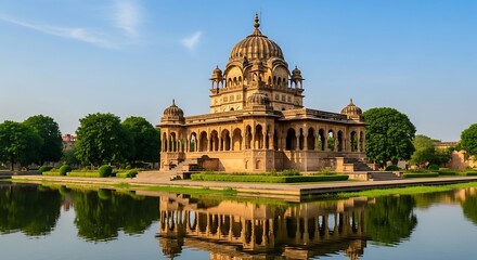 Rajasthan cenotaph architectural splendor reflecting serenity in still waters India