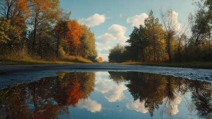 Serene Autumn Road Reflecting Vibrant Trees and Clouds in a Puddle
