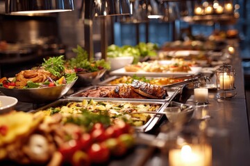 Obraz premium Buffet food selection displayed in luxury hotel catering kit with an assortment of fresh salads, grilled meats, and sides during an elegant event in the evening