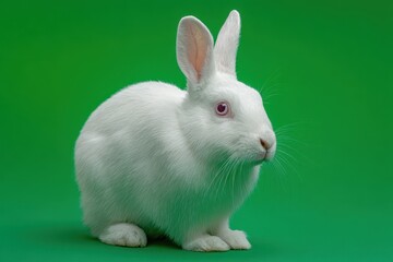 Obraz premium Realistic white rabbit sitting calmly on vibrant green screen background in a well-lit environment showcasing its gentle features and captivating gaze