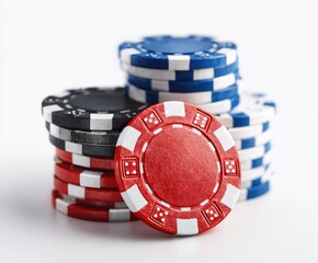 Poker chips in stacks, red, blue, and black, on white background