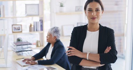 Portrait, smile and woman with arms crossed, law firm or opportunity for experience, intern or pride. Ambitious, legal assistant and person with internship for career growth, justice and confident