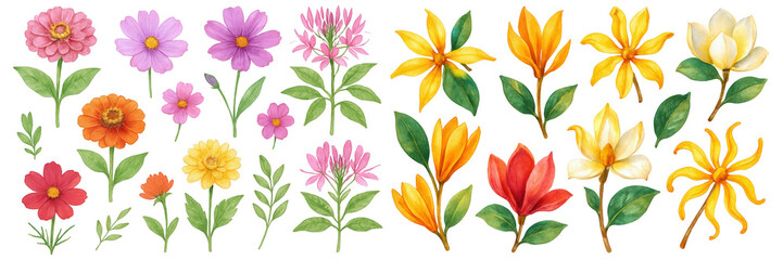 A vibrant collection of hand-drawn flowers in various colors and styles, perfect for design projects.