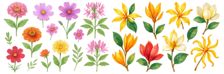 A vibrant collection of hand-drawn flowers in various colors and styles, perfect for design projects.