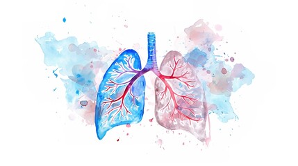 Abstract watercolor illustration of human lungs showing medical anatomy details with soft brush strokes and vibrant colors, suitable for educational materials, healthcare presentations, or medical 