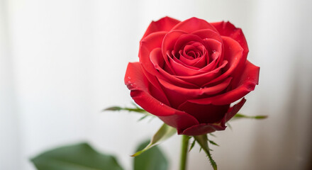 Vibrant Focus on Red Rose bud Against a Soft White Background,  copy space