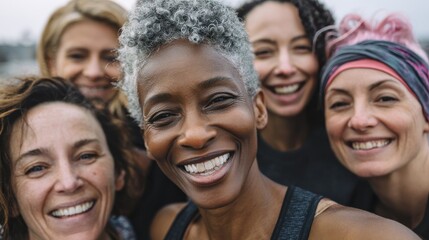 Obraz premium happy multi generational women having fun together multiracial friends smiling on camera after sport workout outdoor main focus on african female face no logos no brands ar 169