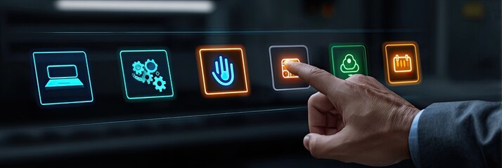 Hand interacting with glowing icons on a futuristic touch screen interface