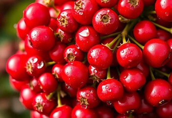 Close-up vibrant red berries cluster, natural light, dew drops, cranberries, nature