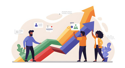 Teamwork for Business Growth: Collaborative Effort Towards Success with Team Members Working Together to Elevate the Arrow Chart, Demonstrating Positive