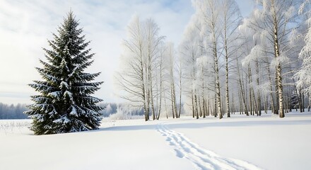 Obraz premium Scenic winter landscape with snow-covered trees and footprints in fresh snow perfect for holiday