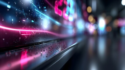 Obraz premium Futuristic neon cyberpunk close-up with vibrant blues and pinks, glowing lights, glossy wet metallic surfaces, subtle rain, shallow depth with bokeh, ideal tech background