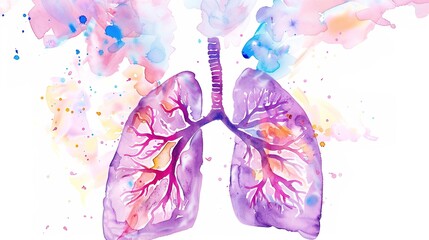 Abstract watercolor illustration of human lungs showing medical anatomy details with soft brush strokes and vibrant colors, suitable for educational materials, healthcare presentations, or medical 