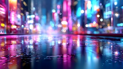 Fototapeta premium Futuristic neon cyberpunk cityscape with vibrant blues and pinks, glossy wet metallic surfaces, subtle rain, shallow depth with bokeh, aerial view, negative space for text overlay
