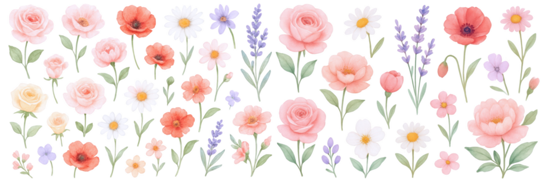 A vibrant array of colorful flowers featuring pinks, whites, and purples, creating a cheerful garden scene.