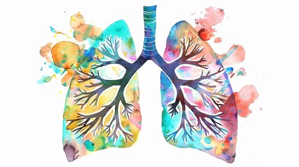 Abstract watercolor illustration of human lungs showing medical anatomy details with soft brush strokes and vibrant colors, suitable for educational materials, healthcare presentations, or medical 