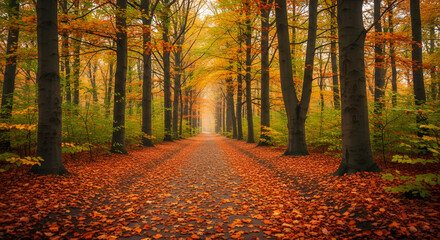 Naklejka premium A tranquil path vanishes into a misty autumn forest lined with towering trees and a carpet of vibrant fallen leaves, evoking a sense of serenity and the beauty of the changing seasons