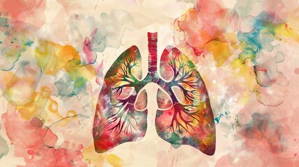 Abstract watercolor illustration of human lungs showing medical anatomy details with soft brush strokes and vibrant colors, suitable for educational materials, healthcare presentations, or medical 