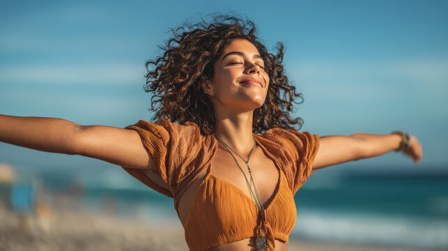 smiling latin hispanic woman stretching hand and relaxing on beach woman breathing deeply at seaside with eyes closed happy woman standing on the beach and enjoy the sun tan with arms outstretched no - Powered by Adobe