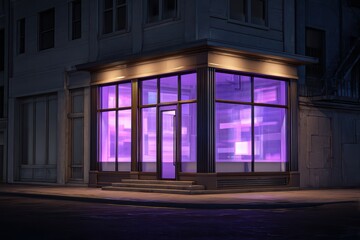 Modern digital rendering of a storefront with purple glass entrance, futuristic lighting creates mysterious dreamy atmosphere.