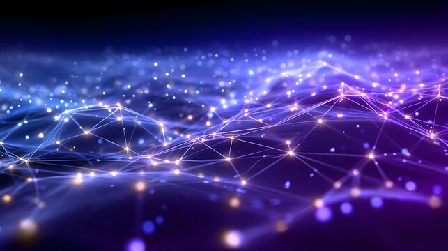 Futuristic neural network grid with dynamic data streams, glowing nodes, and thin connecting lines on a blue-violet gradient background