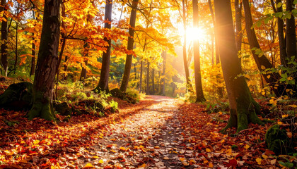 Obraz premium Autumn forest path sunlight