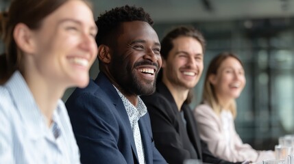 Fototapeta premium diverse group of young businesspeople laughing while sitting together in a row at an office desk during a meeting no logos no brands ar 169