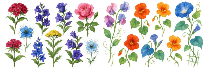 A vibrant collection of hand-drawn flowers in various colors, showcasing nature's beauty.