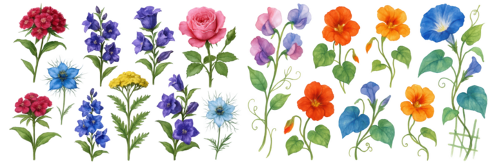 A vibrant collection of hand-drawn flowers in various colors, showcasing nature's beauty.