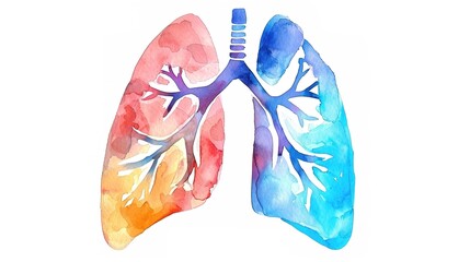 Abstract watercolor illustration of human lungs showing medical anatomy details with soft brush strokes and vibrant colors, suitable for educational materials, healthcare presentations, or medical 