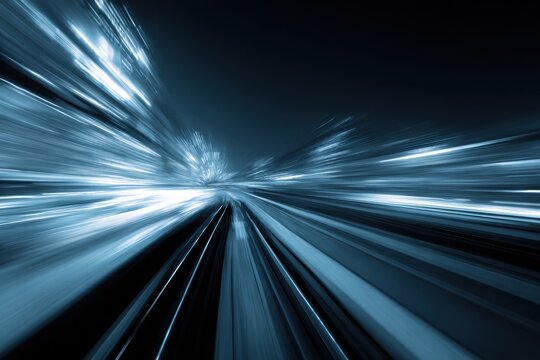 Dynamic blue motion blur effect conveying speed and energy in a nighttime urban environment with light streaks and an abstract design
