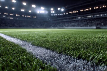 Football field viewed from the ground level on a stadium during a nighttime event with bright lights illuminating the grass and outlining the boundary lines