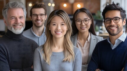Fototapeta premium Diverse business team in a modern minimal office, engaging in natural daylight, smiling and interacting candidly with soft bokeh background in medium shot