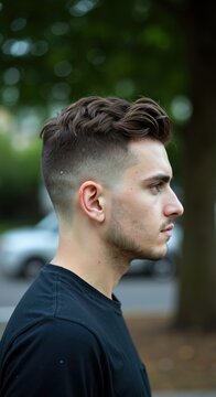 Side view of young man with wavy quiff and skin fade on street. Urban portrait style. Personal branding and grooming concept. Barbershop services, style magazines, product catalogs, social headers