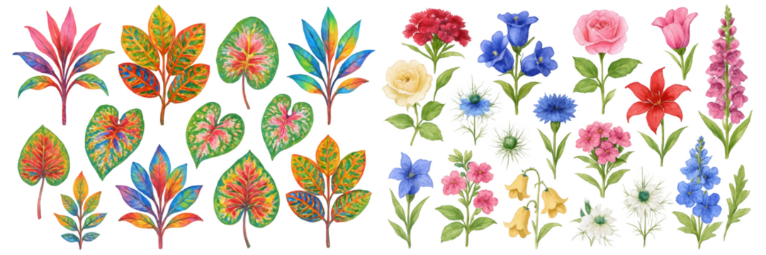 Vibrant collection of colorful flowers and leaves, perfect for design projects.