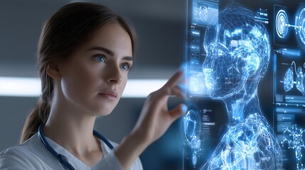 Healthcare researcher interacts with holographic patient data, floating biometric charts, soft blue ambient glow, sharp focus, illustrating digital health innovation
