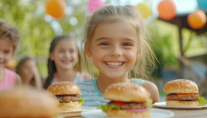 A playful scene of children enjoying mini hamburgers at a backyard party, with colorful decorations in the background, 8k, realistic