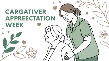 Compassionate caregiver supporting elderly woman, gentle touch, minimalist line art style, muted green palette, serene and heartwarming mood, celebrating caregiver appreciation week.
