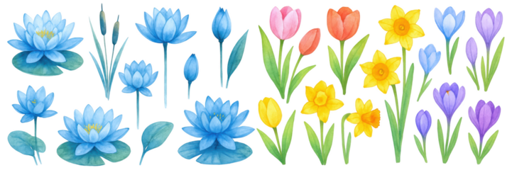 A vibrant collection of watercolor flowers including blue lotuses, tulips, daffodils, and more.