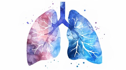 Abstract watercolor illustration of human lungs showing medical anatomy details with soft brush strokes and vibrant colors, suitable for educational materials, healthcare presentations, or medical 