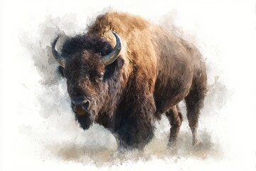 Majestic bison depicted in a vibrant watercolour style with rich textures and details on a clean white background